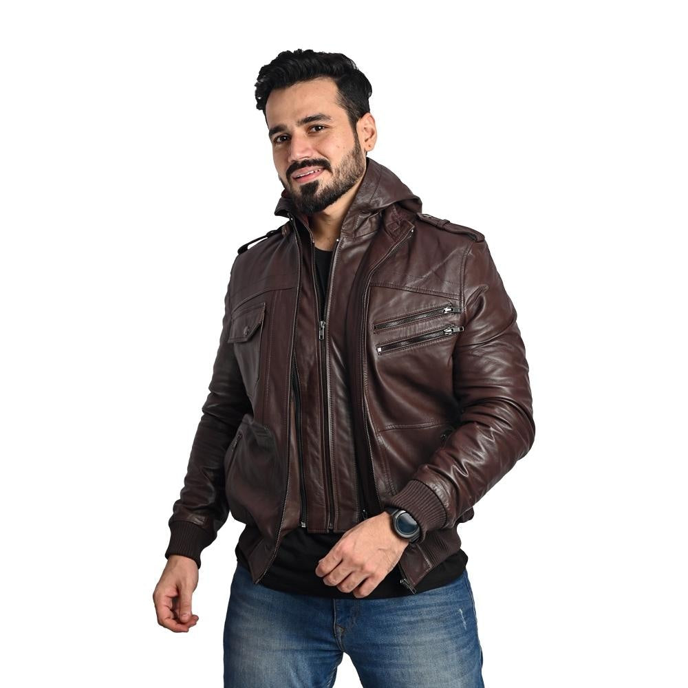 Men's Hooded Dark Brown Leather Jacket - Multi-Pocket Design with Left and Right Pockets