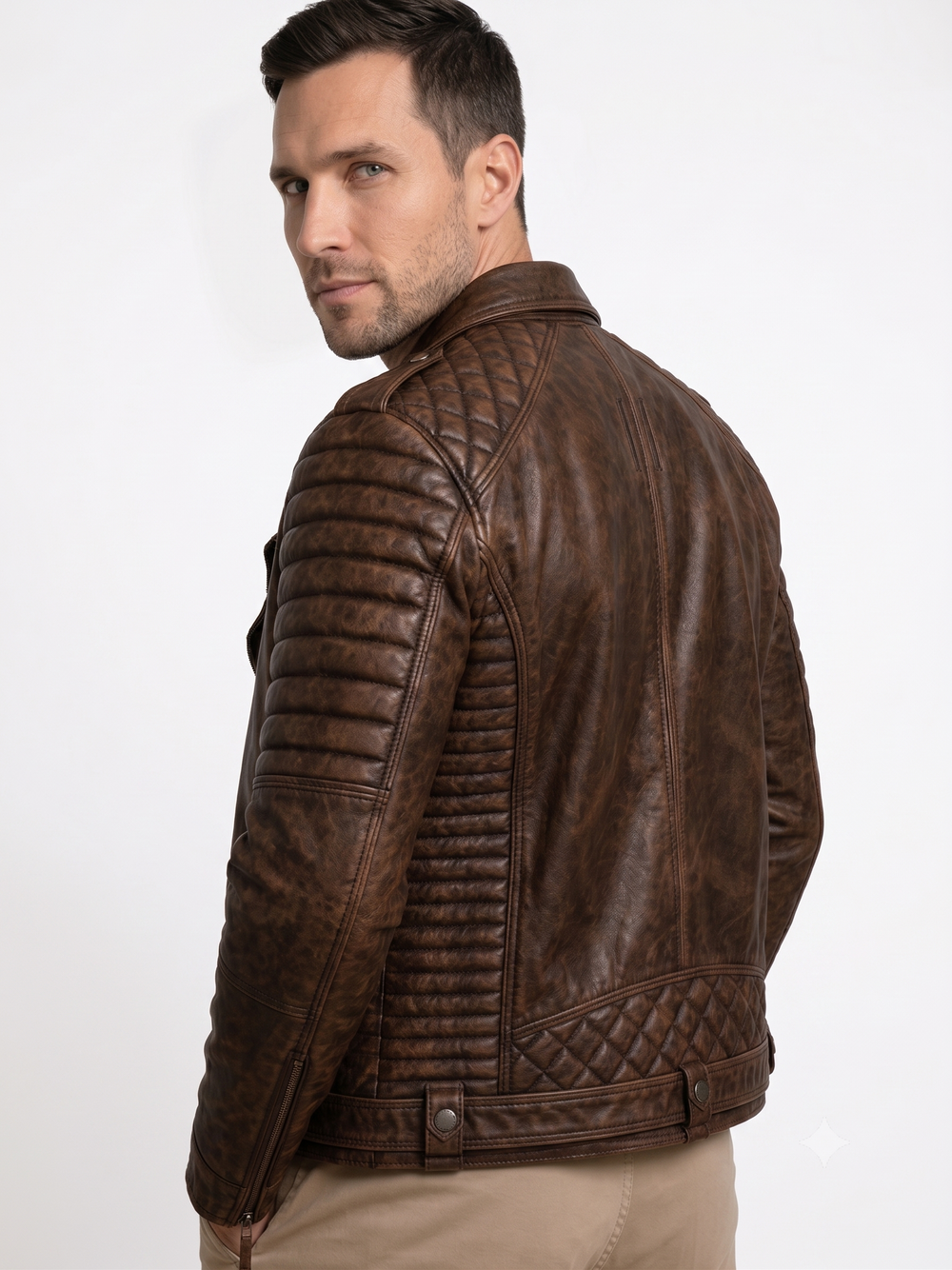 Taj Leather Men's Vintage Distressed Brown Quilted Biker Leather Jacket