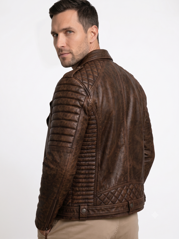 Taj Leather Men's Vintage Distressed Brown Quilted Biker Leather Jacket