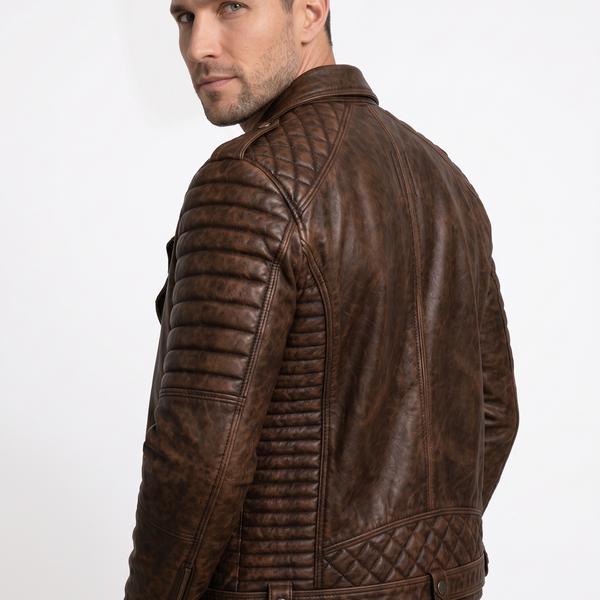Taj Leather Men's Vintage Distressed Brown Quilted Biker Leather Jacket