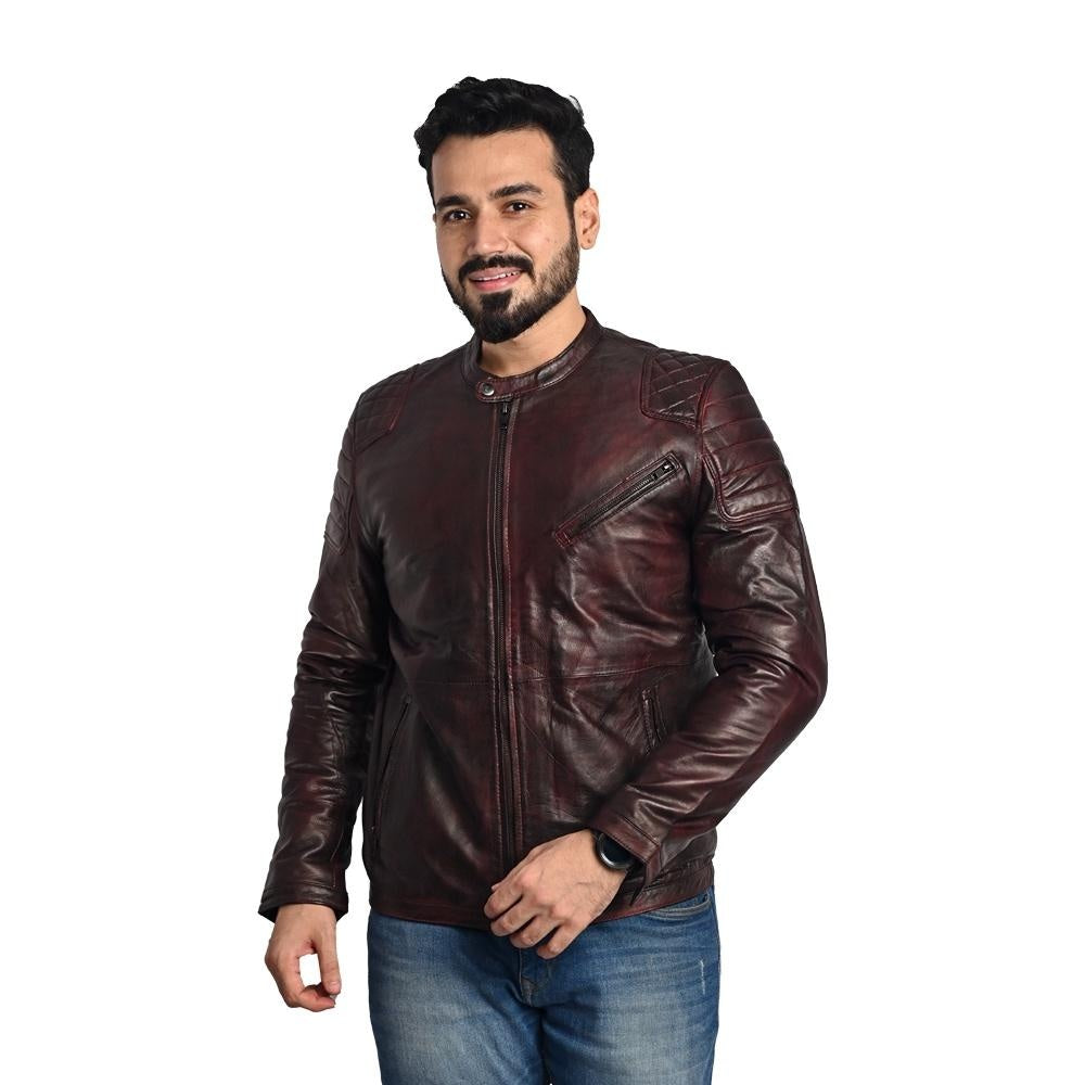 R - Brown Men's Solid Leather Jacket - Stylish and Durable