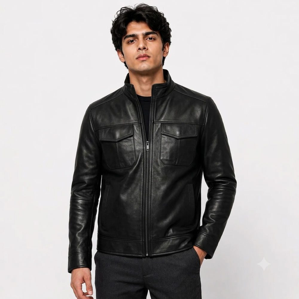 Men's Jet Black Quilted Shoulder Stand Collar Racer Leather Jacket