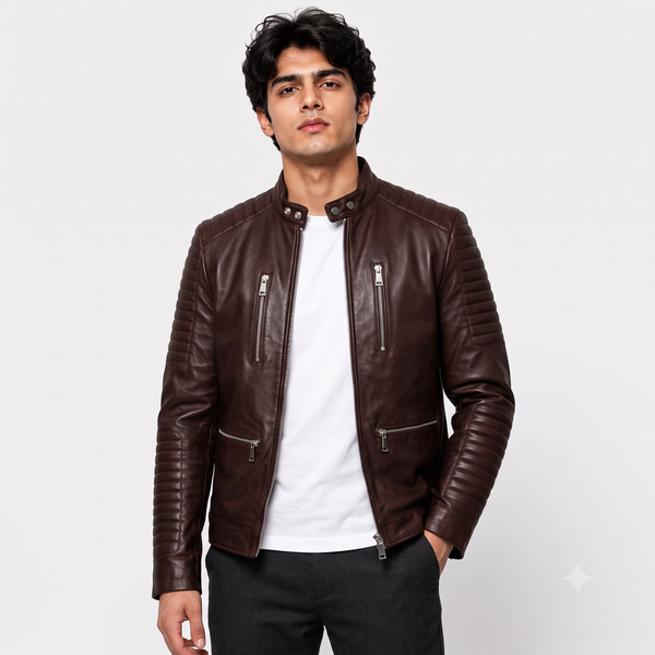 Dark Brown Ribbed Sleeve Cafe Racer Leather Jacket