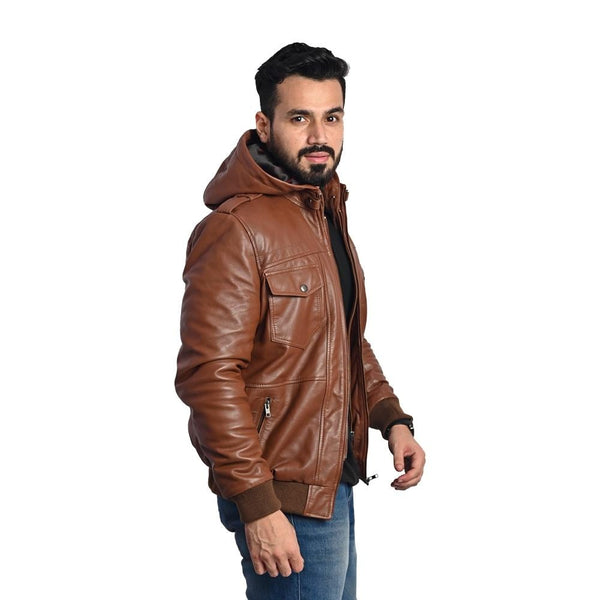 Men's Hooded Leather Jacket - Multi-Pocket Design with Left and Right Pockets