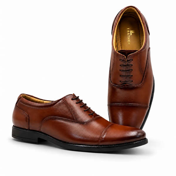 Police  Cognac Brown Cap-Toe Leather Oxford Shoes