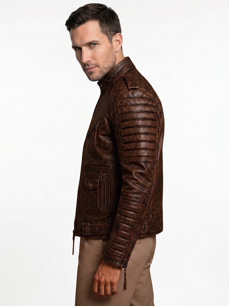 Taj Leather Men's Vintage Distressed Brown Quilted Biker Leather Jacket