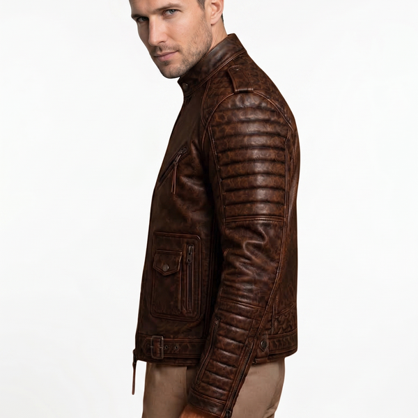 Taj Leather Men's Vintage Distressed Brown Quilted Biker Leather Jacket