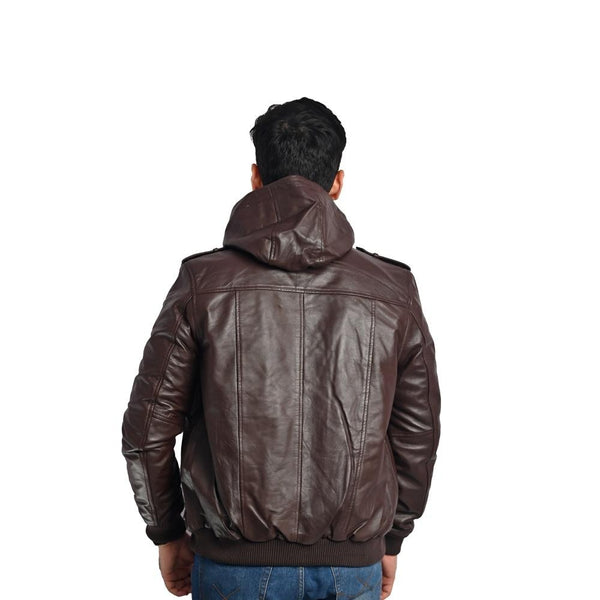 Men's Hooded Dark Brown Leather Jacket - Multi-Pocket Design with Left and Right Pockets
