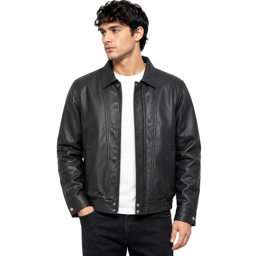 Elastic Leather Jacket - By Taj Leather Pure Black