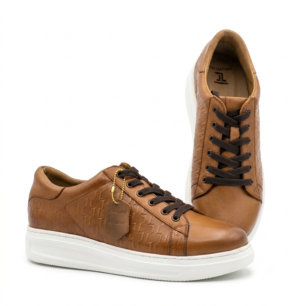 Taj Leather Men's Tan Textured Low-Top Leather Sneakers