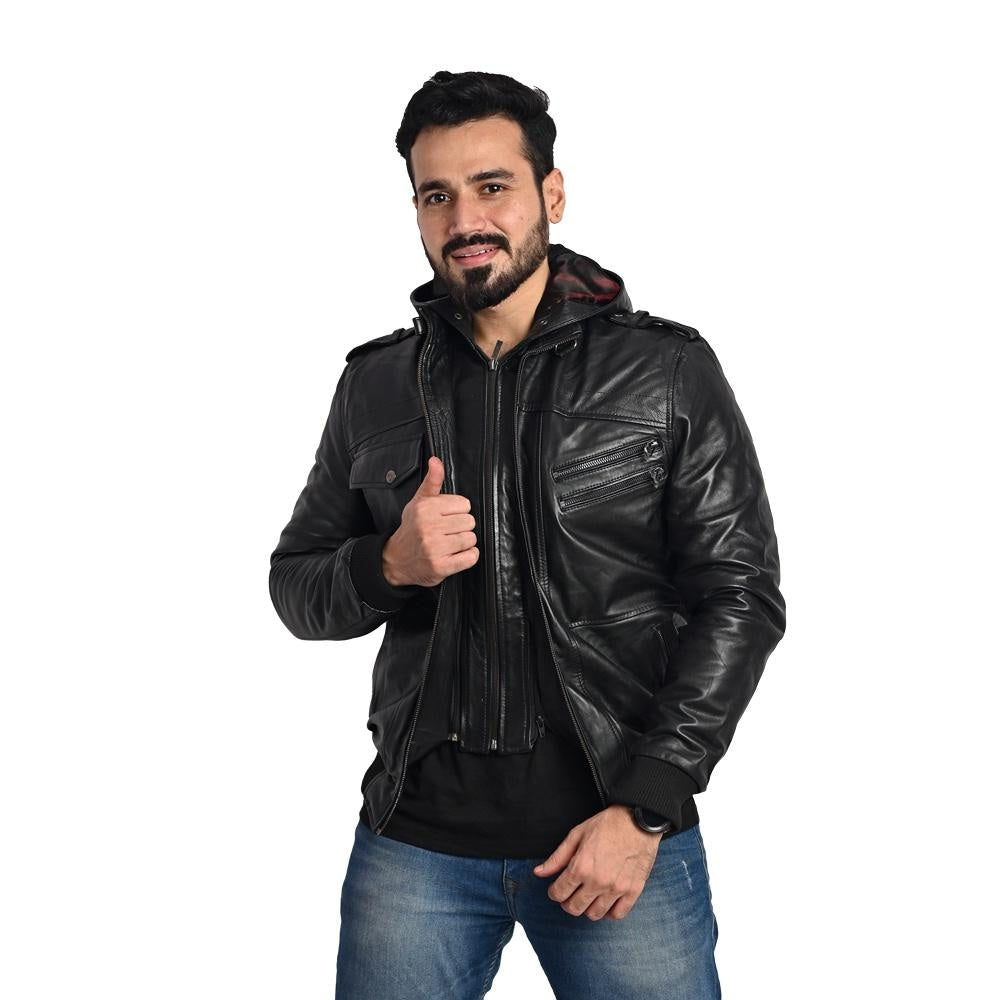 Men's Hooded Leather Jacket - Multi-Pocket Design with Left and Right Pockets