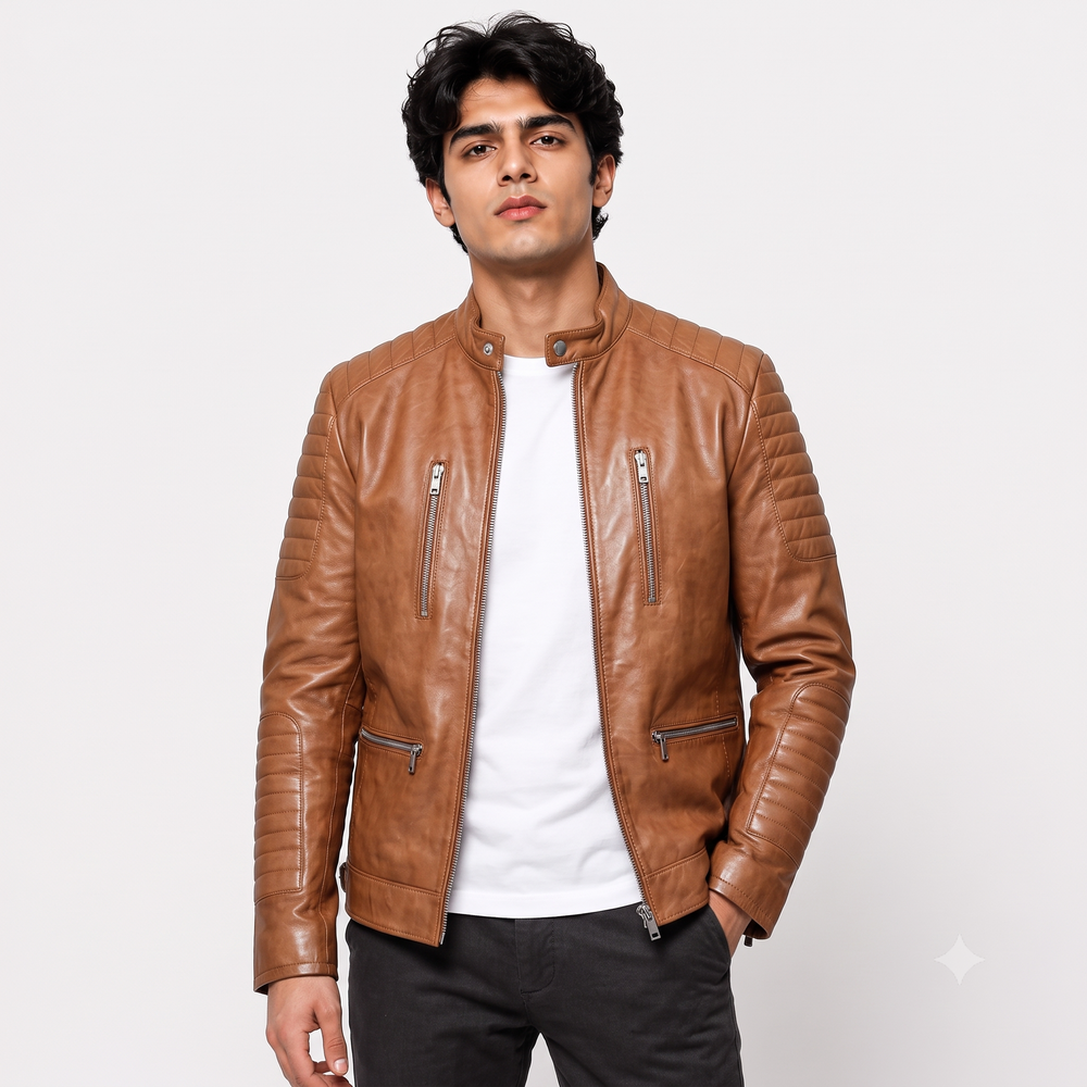 Tan Brown Ribbed Sleeve Cafe Racer Leather Jacket