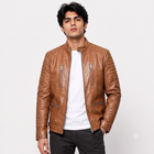 Tan Brown Ribbed Sleeve Cafe Racer Leather Jacket