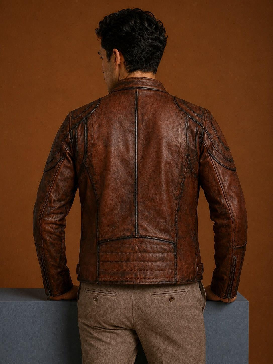 Cuban Leather Biker Jacket brown