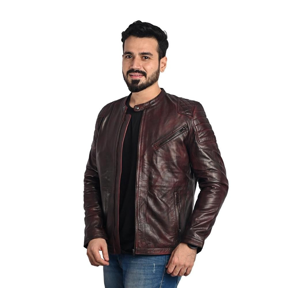 R - Brown Men's Solid Leather Jacket - Stylish and Durable