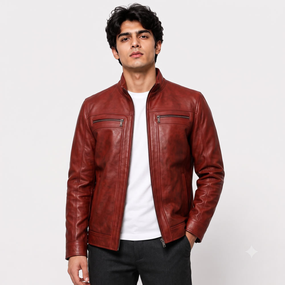 Men’s Vintage Rust Red Cafe Racer Genuine Leather Jacket