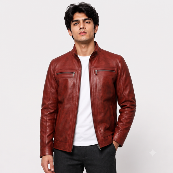 Men’s Vintage Rust Red Cafe Racer Genuine Leather Jacket
