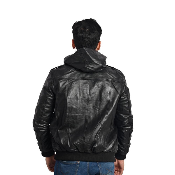 Men's Hooded Leather Jacket - Multi-Pocket Design with Left and Right Pockets