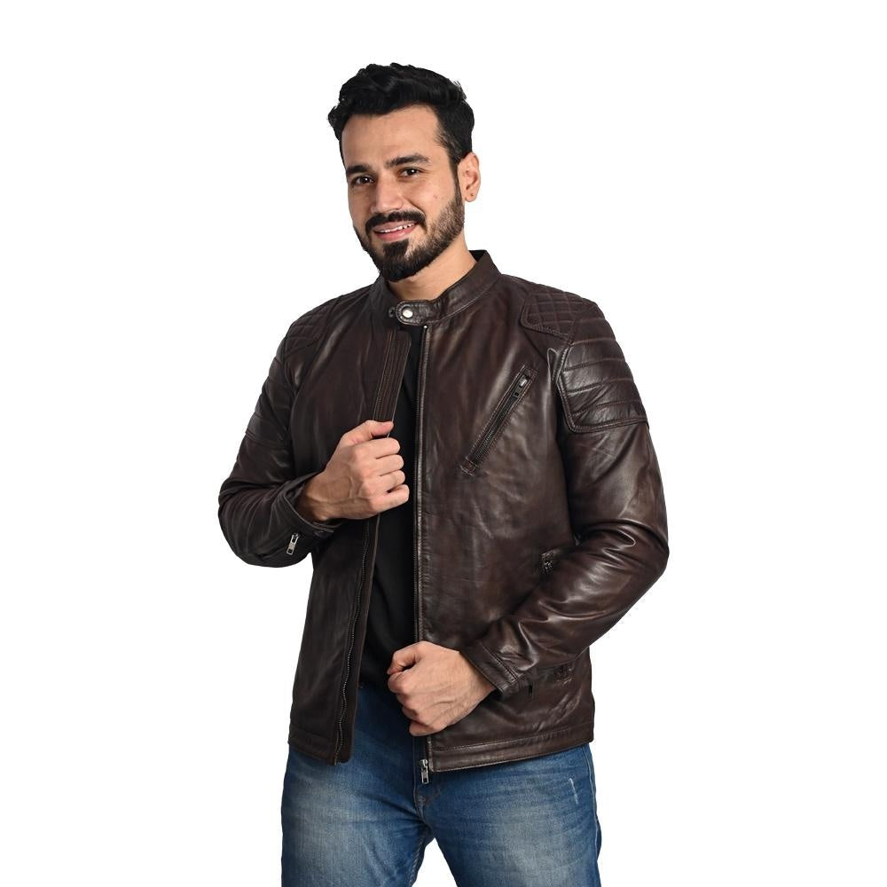 Dark Brown Men's Solid Leather Jacket - Stylish and Durable