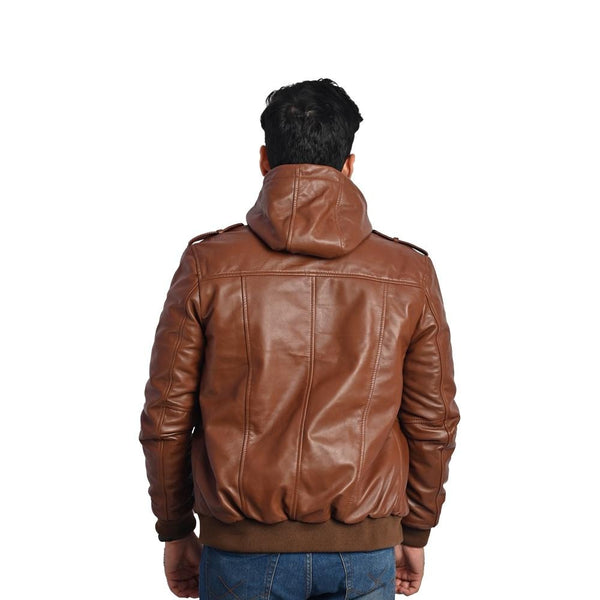 Men's Hooded Leather Jacket - Multi-Pocket Design with Left and Right Pockets