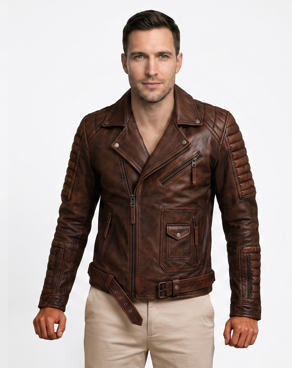 Taj Leather Men's Vintage Distressed Brown Quilted Biker Leather Jacket