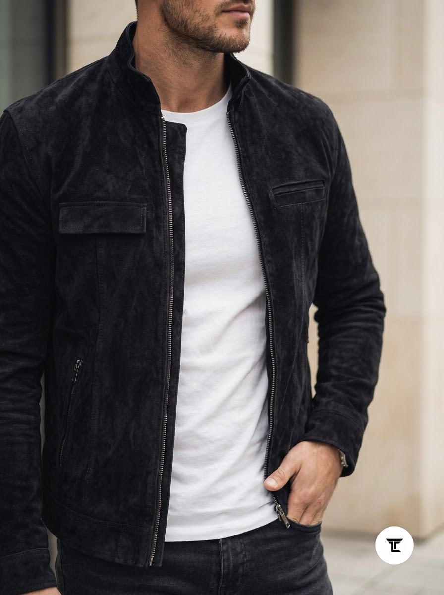 Taj Signature Onyx Suede Button-Up Leather Overshirt