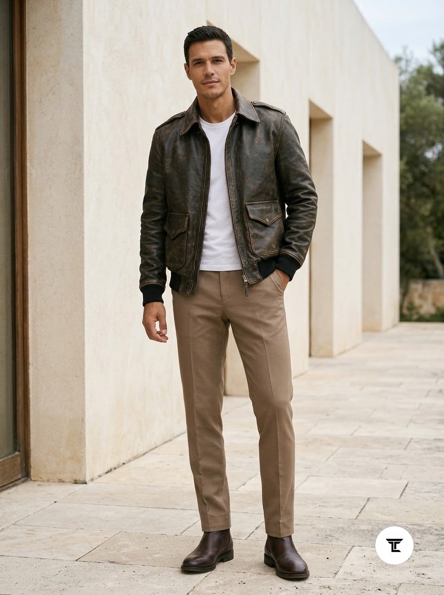Taj Heritage Vintage Distressed Olive Leather Bomber Jacket