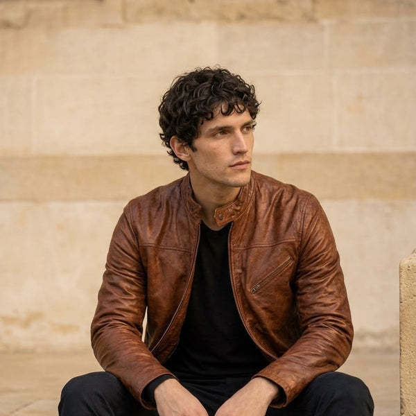 Taj Signature Verona Cognac Tan Distressed Cafe Racer Jacket Close-up 3