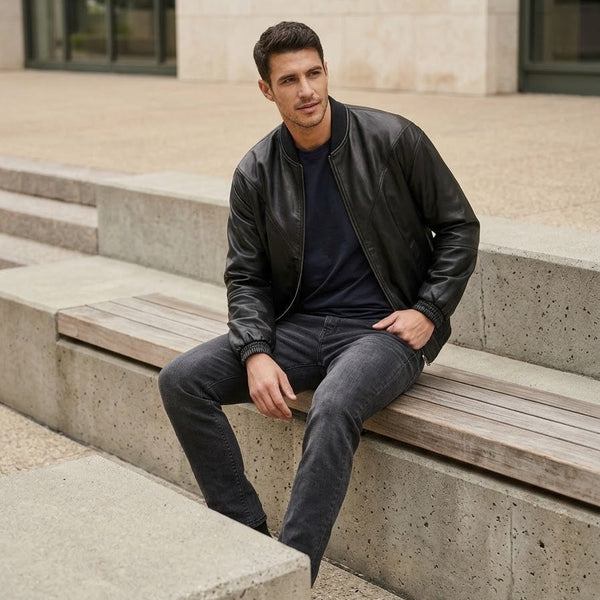 Taj Signature Metropolitan Black Leather Bomber Close-up 3