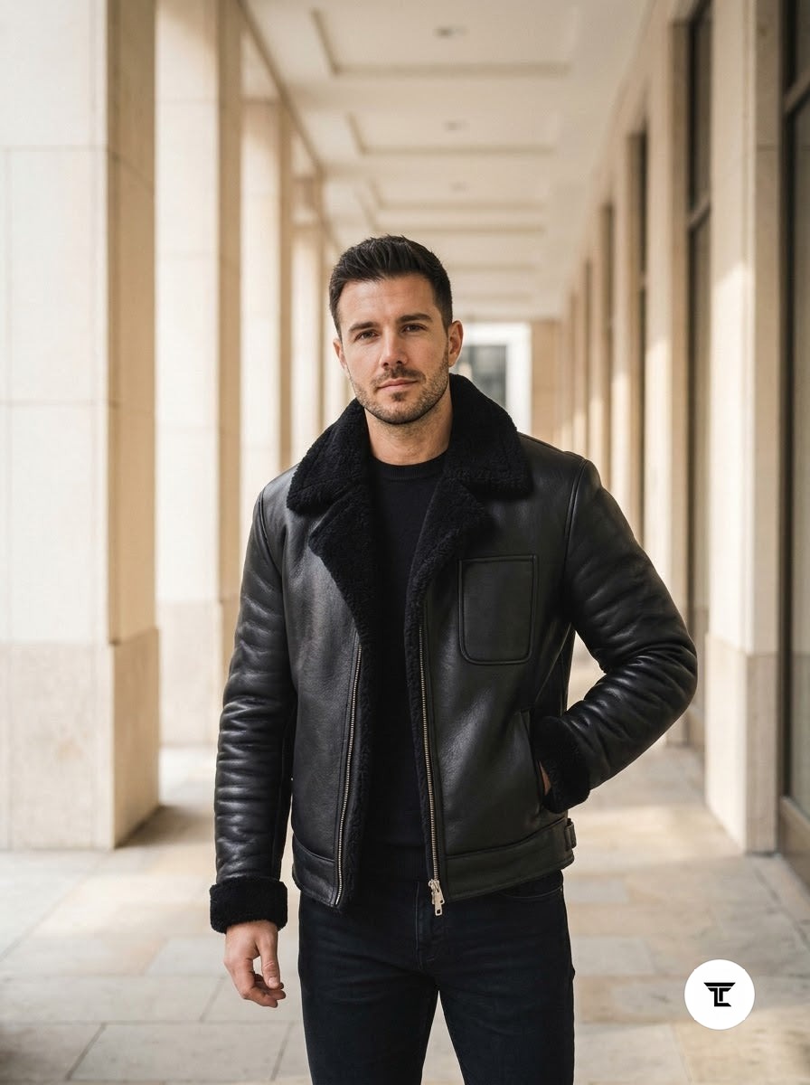 Taj Signature Aspen Black Shearling Aviator Jacket