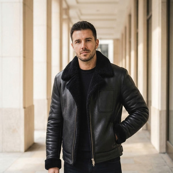 Taj Signature Aspen Black Shearling Aviator Jacket Close-up 1