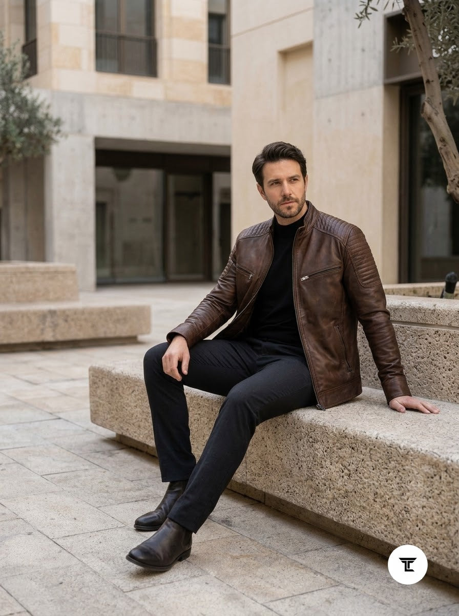 Taj Signature Chestnut Diamond-Stitch Cafe Racer Jacket