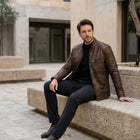 Taj Signature Chestnut Diamond-Stitch Cafe Racer Jacket