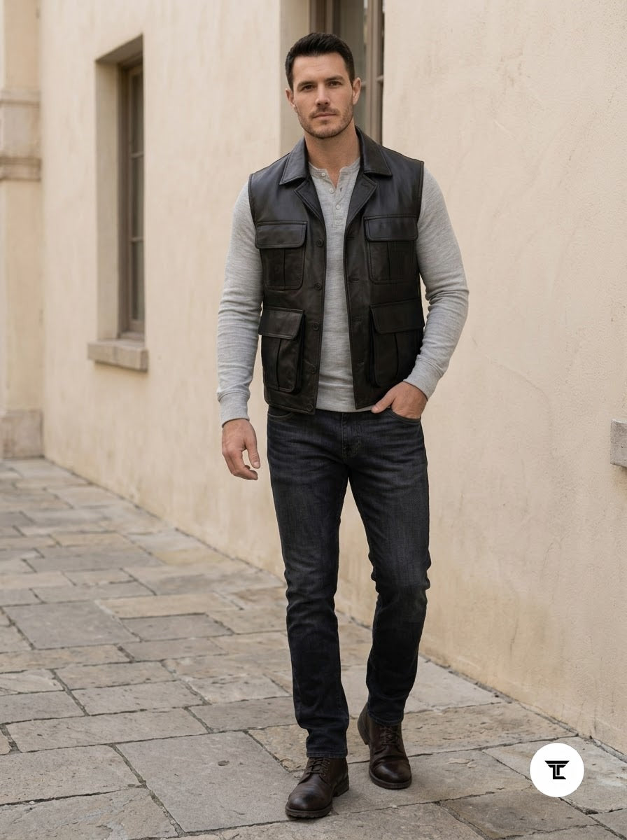 Taj Signature Tactical Black Leather Cargo Utility Vest
