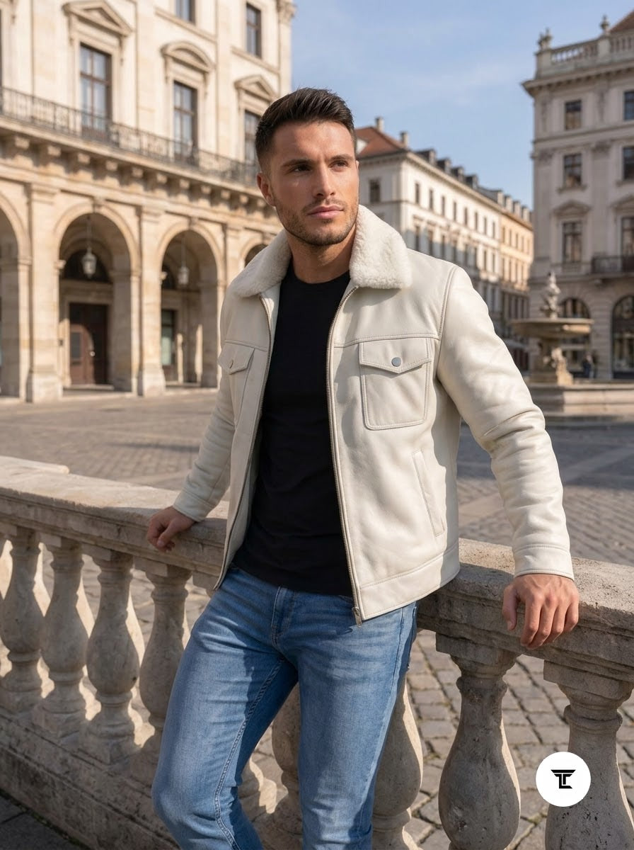 Taj Bespoke Aspen Off-White Sherpa Collar Leather Trucker Jacket