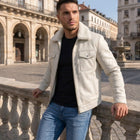 Taj Bespoke Aspen Off-White Sherpa Collar Leather Trucker Jacket