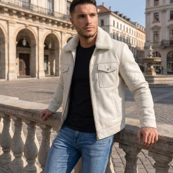 Taj Bespoke Aspen Off-White Sherpa Collar Leather Trucker Jacket Close-up 1