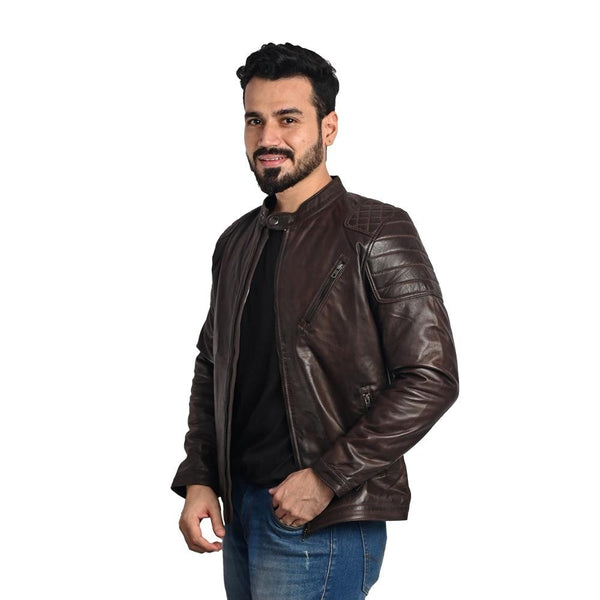 Dark Brown Men's Solid Leather Jacket - Stylish and Durable