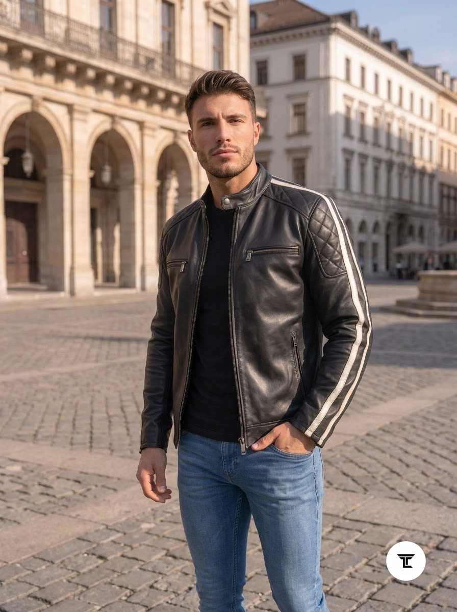 Taj Signature Monza Twin-Stripe Cafe Racer Leather Jacket