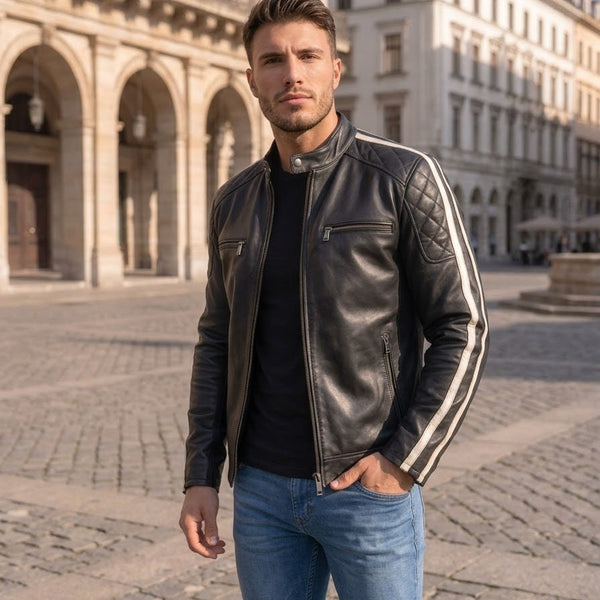 Taj Signature Monza Twin-Stripe Cafe Racer Leather Jacket Close-up 2