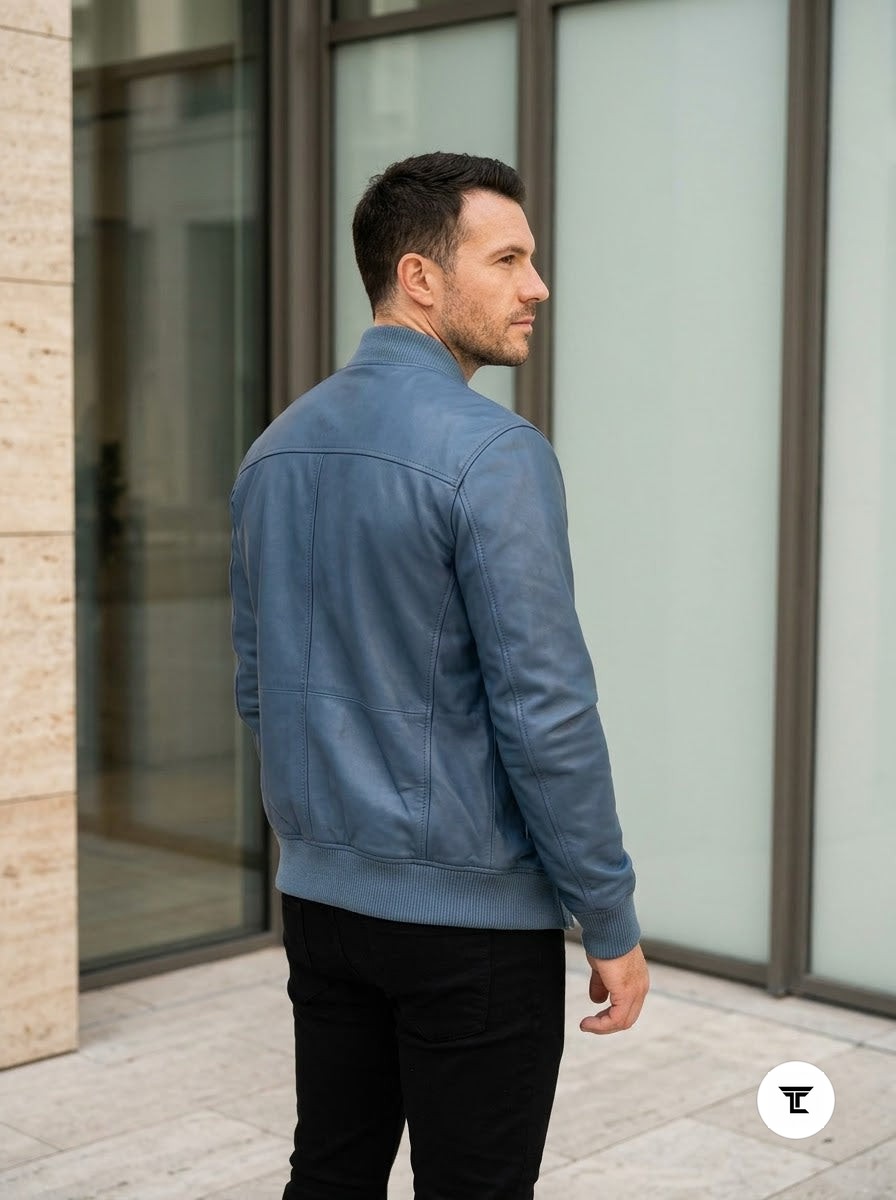 Taj Bespoke Air Force Slate Blue MA-1 Leather Bomber Jacket - View 1000166316