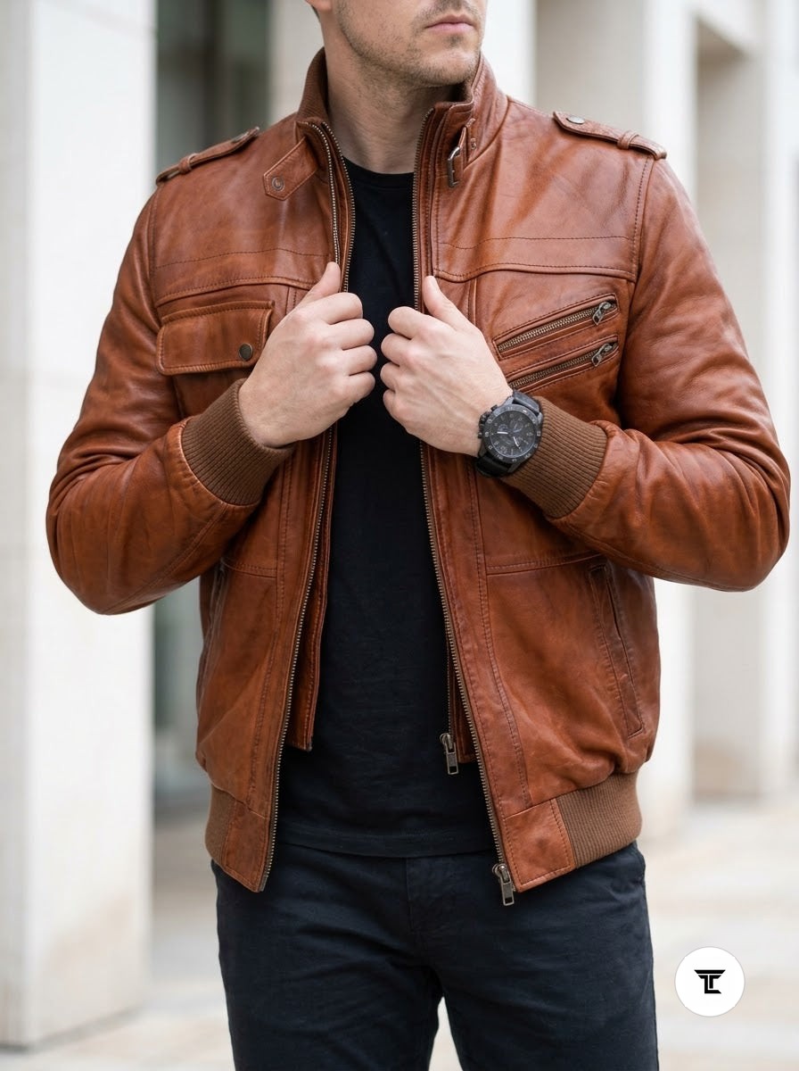 Taj Signature Amber Cognac Ribbed Moto Leather Jacket