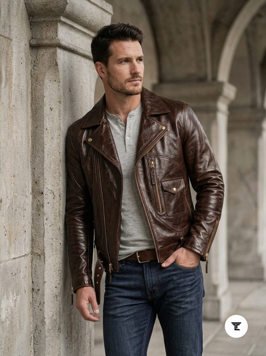 Taj Heritage Maverick Cognac Double-Rider Biker Jacket
