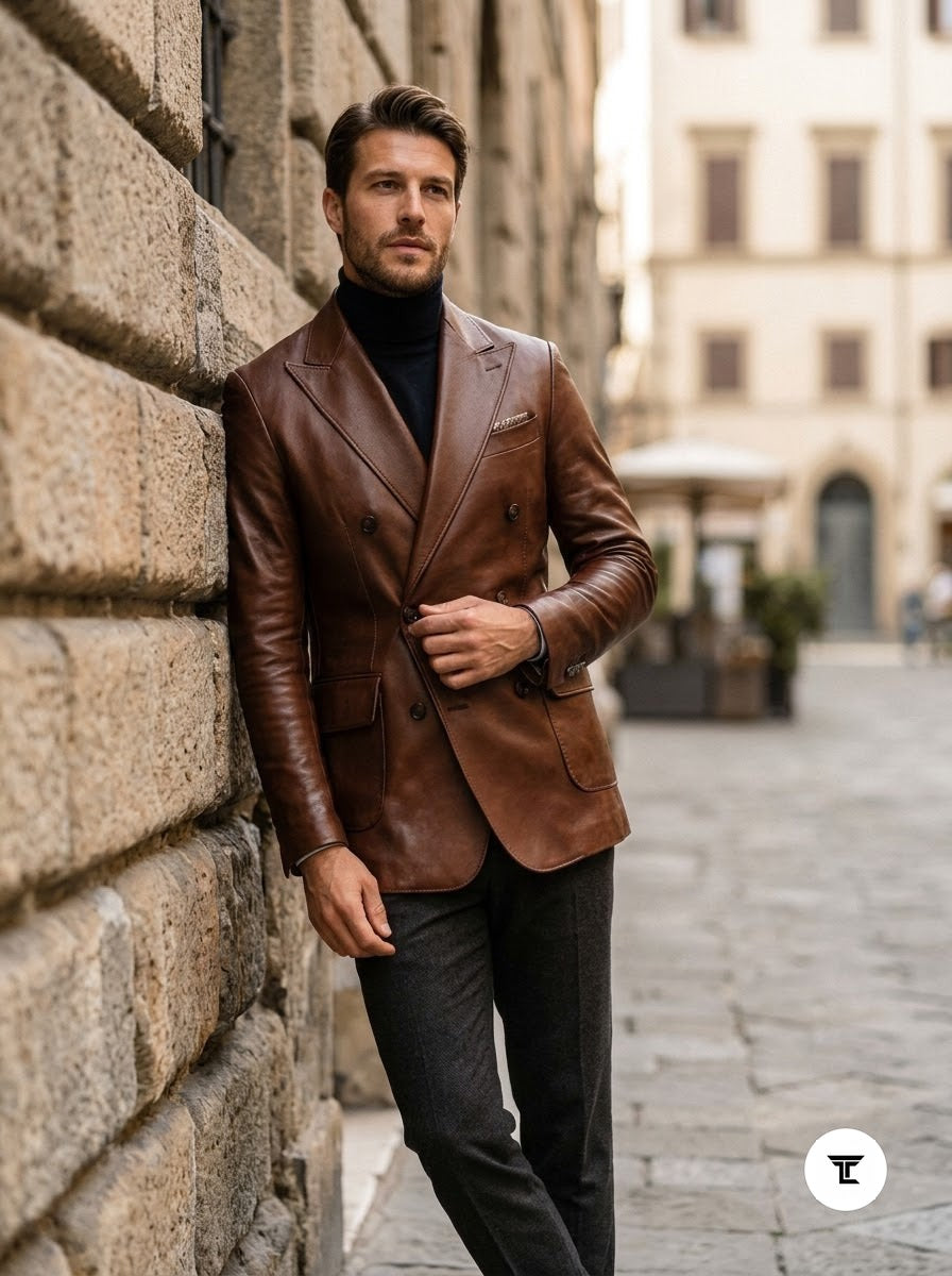 Taj Bespoke Cognac Double-Breasted Leather Blazer