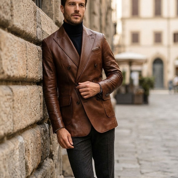 Taj Bespoke Cognac Double-Breasted Leather Blazer Close-up 3