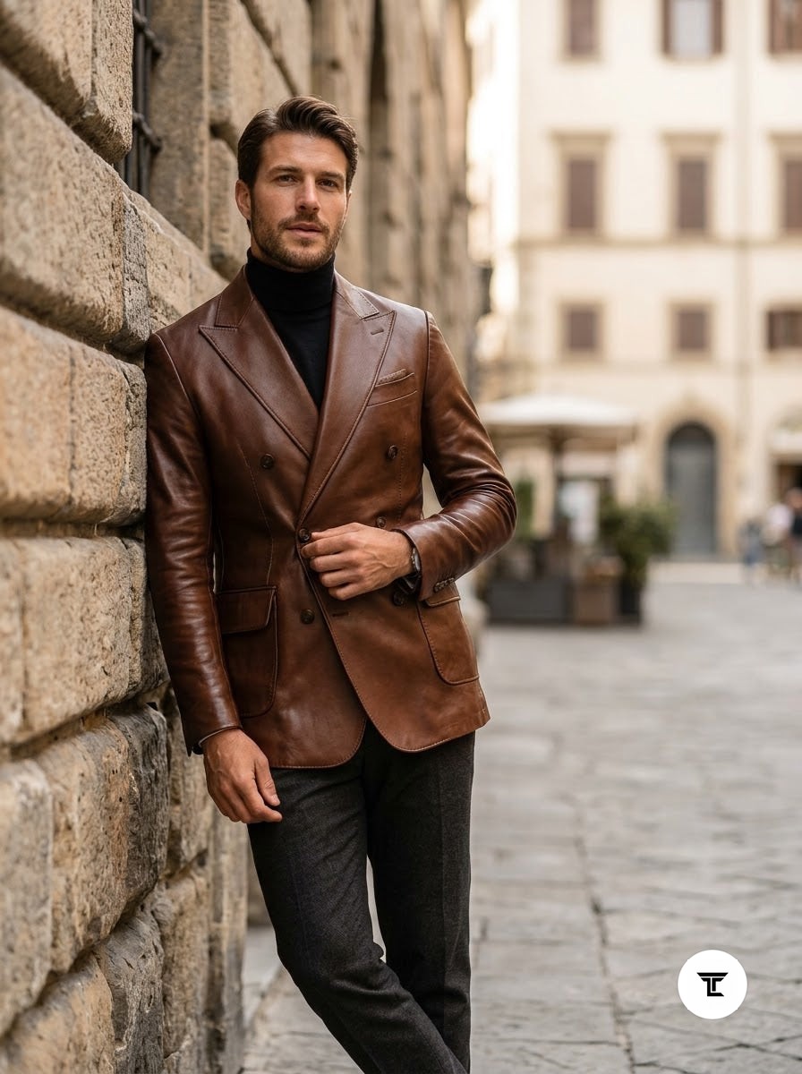 Taj Bespoke Cognac Double-Breasted Leather Blazer