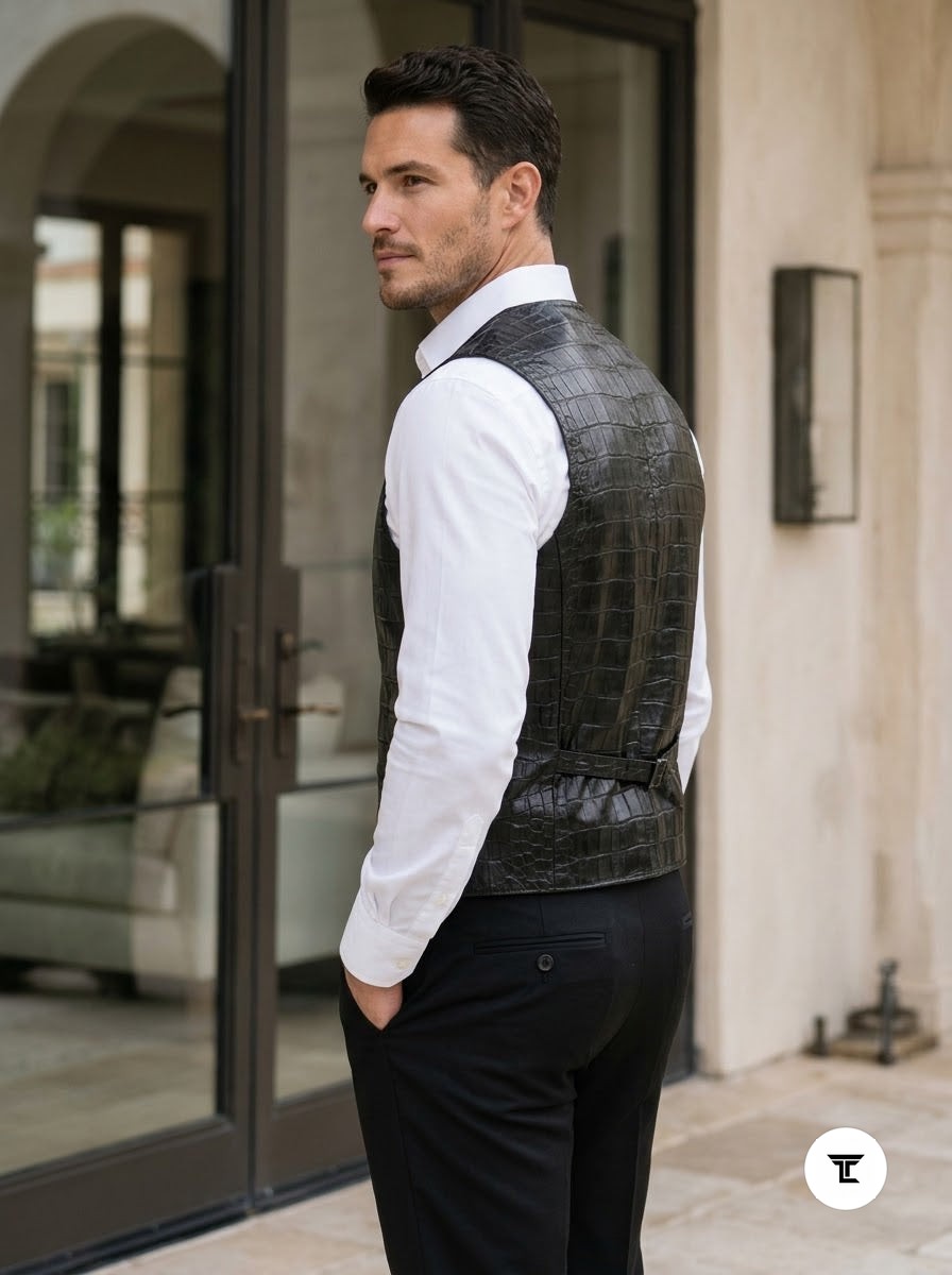 Taj Artisan Venice Crocodile Embossed Black Leather Waistcoat Vest - View 1000166354