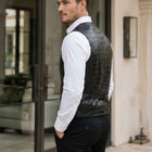 Taj Artisan Venice Crocodile Embossed Black Leather Waistcoat Vest - View 1000166354