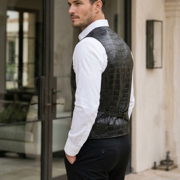 Taj Artisan Venice Crocodile Embossed Black Leather Waistcoat Vest Close-up 1