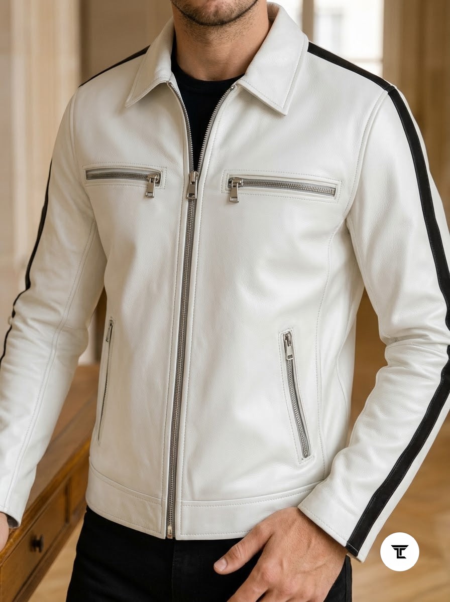 Taj Signature Alpine White Twin-Stripe Cafe Racer Jacket